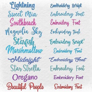 May include: A collection of embroidery fonts and scripts in various colors, including blue, pink, purple, and red. The fonts are displayed on a white background with the words "Lightning", "Sweet Mia", "Southbeach", "Magnolia Sky", "Starfish", "Marshmallow", "Midnight", "Star Strella", "Oregano", and "Beautiful People".