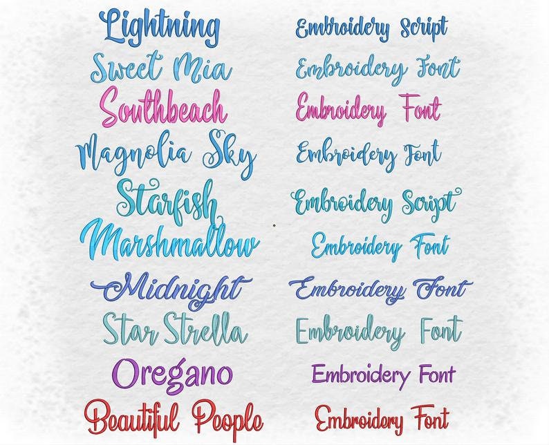 May include: A collection of embroidery fonts and scripts in various colors, including blue, pink, purple, and red. The fonts are displayed on a white background with the words "Lightning", "Sweet Mia", "Southbeach", "Magnolia Sky", "Starfish", "Marshmallow", "Midnight", "Star Strella", "Oregano", and "Beautiful People".