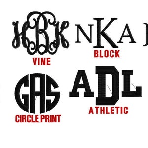 May include: A visual guide to different monogram styles, including circle, vine, block, fishtail, script, circle print, athletic, and curlz.