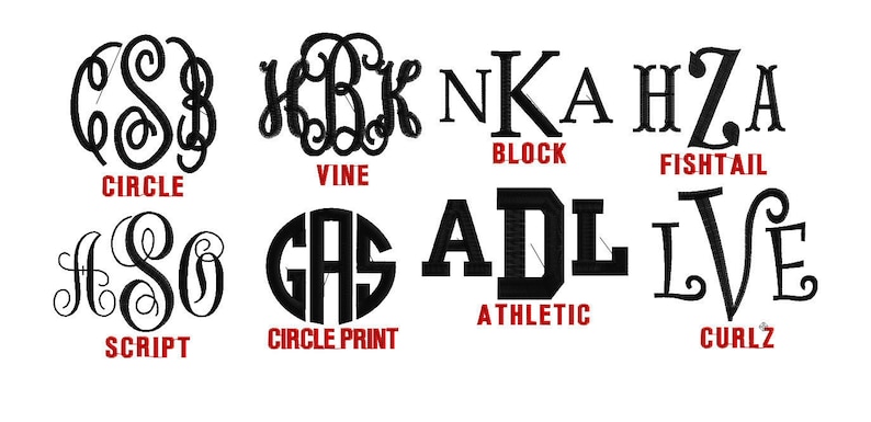May include: A visual guide to different monogram styles, including circle, vine, block, fishtail, script, circle print, athletic, and curlz.