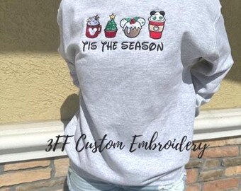 UNISEX Disney Inspired Christmas Embroidered Crewneck Sweatshirt/Minnie and Mickey Sweatshirt/Tis The Season Sweatshirt/Coffee Lovers/Sweets