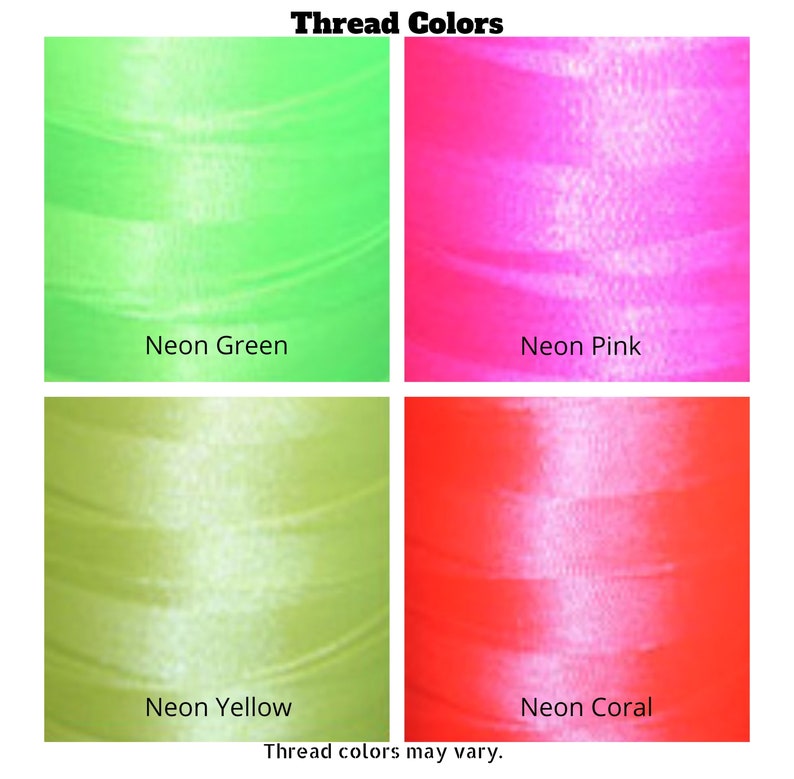 May include: Four spools of neon colored thread. The colors are neon green, neon pink, neon yellow, and neon coral.