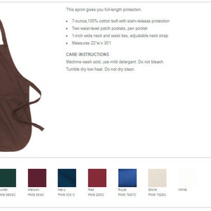 May include: A brown cotton twill apron with two patch pockets, a pen pocket, and adjustable neck and waist ties. The apron measures 22 inches wide by 30 inches long.  Care instructions: Machine wash cold, use mild detergent, do not bleach, tumble dry low heat, do not dry clean.