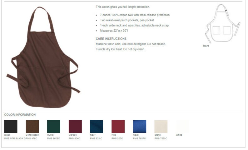 May include: A brown cotton twill apron with two patch pockets, a pen pocket, and adjustable neck and waist ties. The apron measures 22 inches wide by 30 inches long.  Care instructions: Machine wash cold, use mild detergent, do not bleach, tumble dry low heat, do not dry clean.