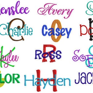 May include: A collection of 12 embroidered names in various colors, including Henslee, Avery, Sarah, Charlie, Casey, Dottie, Kaylee, Ross, Sophie, Taylor, Hayden, and Jackson.