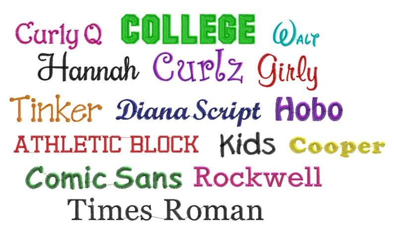 May include: A collection of different font styles in various colors, including Curly Q, College, @ALT, Hannah, Curlz, Girly, Tinker, Diana Script, Hobo, ATHLETIC BLOCK, Kids, Cooper, Comic Sans, Rockwell, and Times Roman.