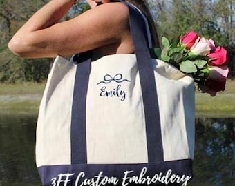 Personalized Embroidered Everyday Canvas Tote Bag with Bow and Name/Bridesmaid Gift/Mother's Day/Gift for Her/Bachelorette Party Gift/Gifts