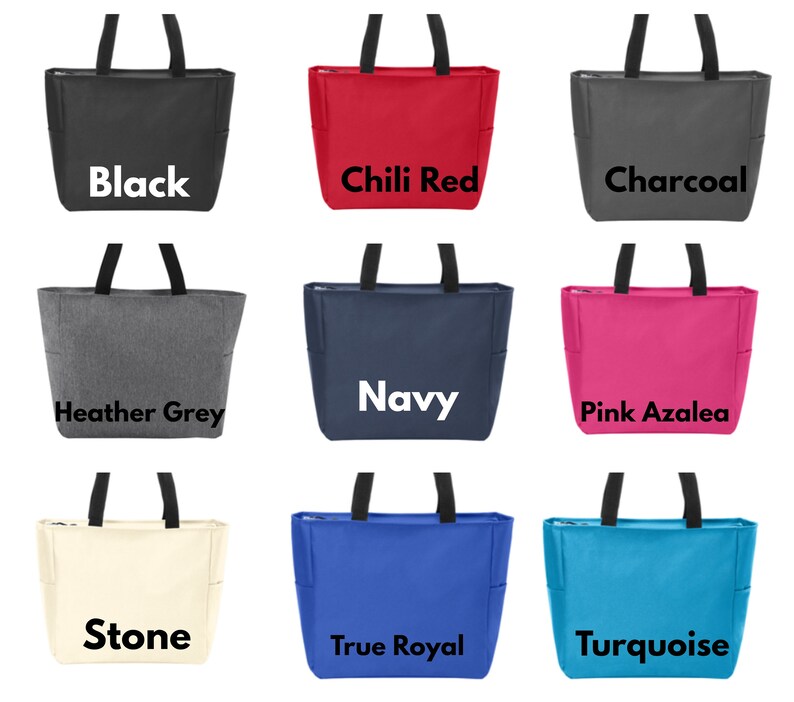 May include: Nine tote bags in different colors, including black, chili red, charcoal, heather grey, navy, pink azalea, stone, true royal, and turquoise. Each bag has a zipper closure and two handles.
