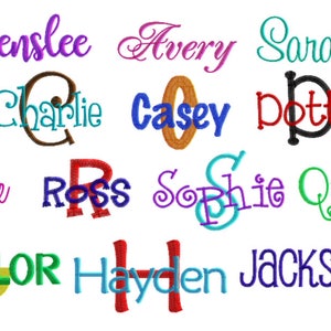 May include: A collection of embroidered names in various colors, including Henslee, Avery, Sarah, Charlie, Casey, Dottie, Kaylee, Ross, Sophie, Quirky, Taylor, Hayden, and Jackson.
