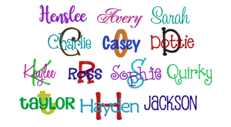 May include: A collection of embroidered names in various colors, including Henslee, Avery, Sarah, Charlie, Casey, Dottie, Kaylee, Ross, Sophie, Quirky, Taylor, Hayden, and Jackson.