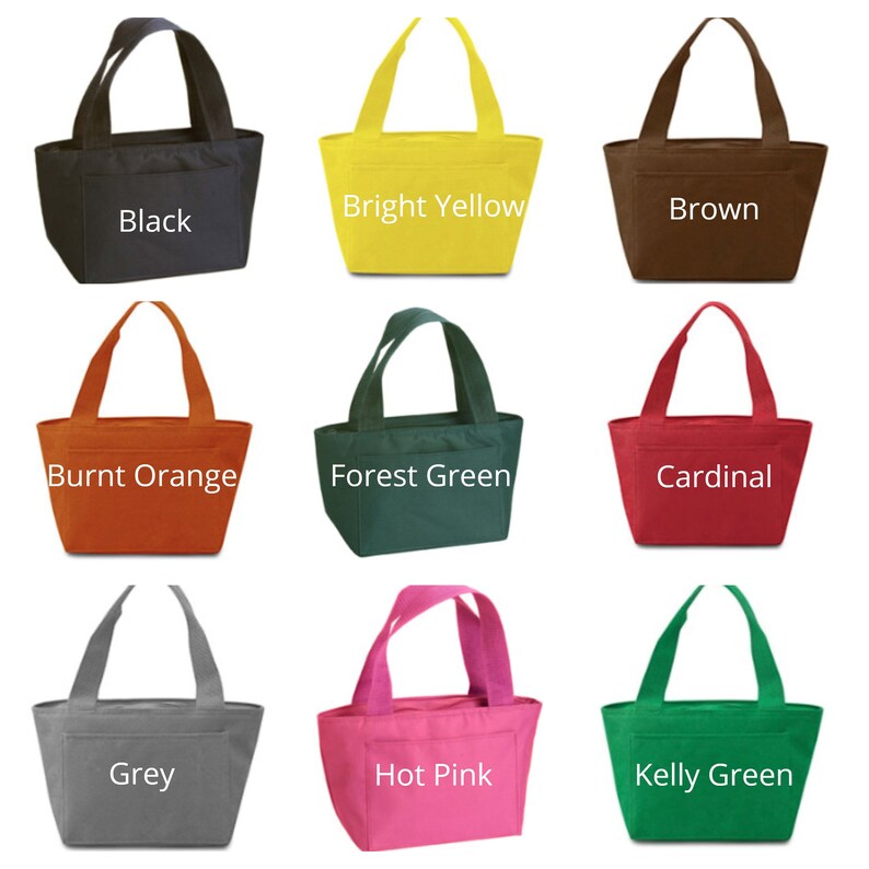 May include: Nine insulated lunch bags in various colors, including black, bright yellow, brown, burnt orange, forest green, cardinal, grey, hot pink, and kelly green. Each bag has a single handle and a rectangular shape.