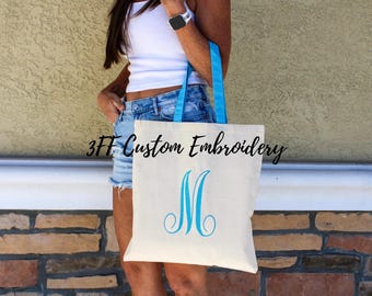 Personalized Embroidered Canvas Initial Tote Bag/Book Tote/Coworker Holiday Gift/Bridesmaid Gift/Gifts under 15/Corporate Gift/Beach Bag
