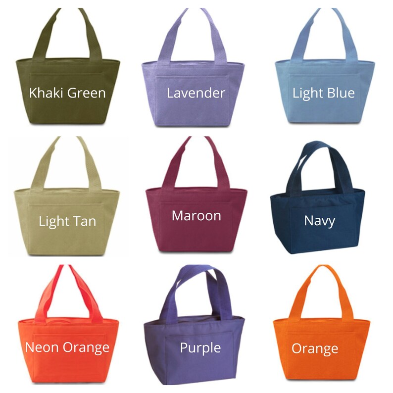 May include: Nine insulated lunch bags in various colors, including khaki green, lavender, light blue, light tan, maroon, navy, neon orange, purple, and orange. Each bag has two handles and a zippered closure.