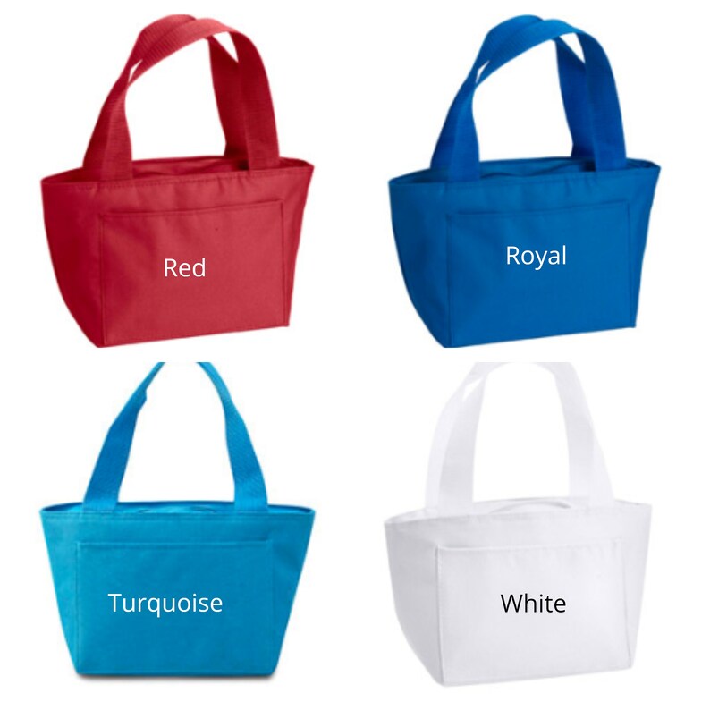 May include: Four insulated lunch bags in different colors: red, royal blue, turquoise, and white. Each bag has a single handle and a small pocket on the front. The bags are labeled with their respective colors.