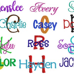 May include: A collection of 12 embroidered names in various colors, including Henslee, Avery, Sarah, Charlie, Casey, Dottie, Kaylee, Ross, Sophie, Taylor, Hayden, and Jackson.