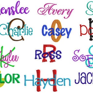 May include: A collection of embroidered names in various colors and fonts, including Henslee, Avery, Sarah, Charlie, Casey, Dottie, Kaylee, Ross, Sophie, Taylor, Hayden, and Jackson.