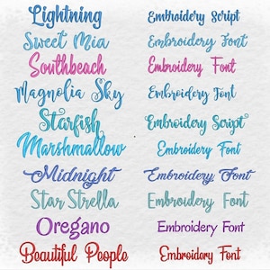May include: A list of font names written in different colors and styles. The font names include Lightning, Sweet Mia, Southbeach, Magnolia Sky, Starfish, Marshmallow, Midnight, Star Strella, Oregano, and Beautiful People. Each font name is labeled with "Embroidery Script" or "Embroidery Font".