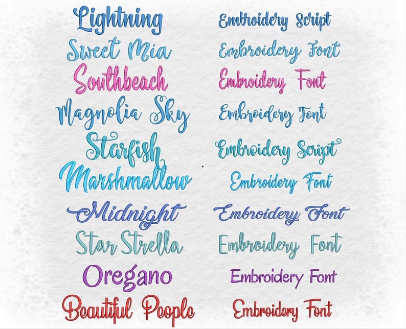 May include: A list of font names written in different colors and styles. The font names include Lightning, Sweet Mia, Southbeach, Magnolia Sky, Starfish, Marshmallow, Midnight, Star Strella, Oregano, and Beautiful People. Each font name is labeled with "Embroidery Script" or "Embroidery Font".