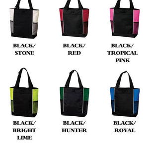 May include: Six black tote bags with different colored accents. The bags have a single zippered pocket on the front and two open pockets on the sides. The color combinations are black/stone, black/red, black/tropical pink, black/bright lime, black/hunter, and black/royal.