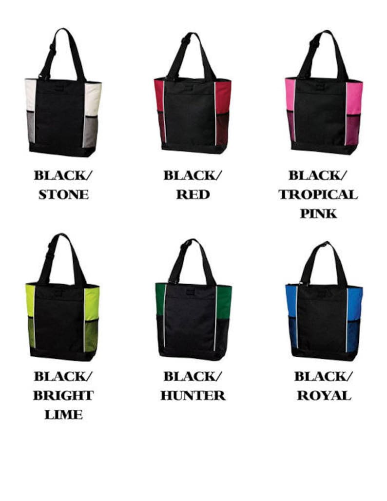 May include: Six black tote bags with different colored accents. The bags have a single zippered pocket on the front and two open pockets on the sides. The color combinations are black/stone, black/red, black/tropical pink, black/bright lime, black/hunter, and black/royal.