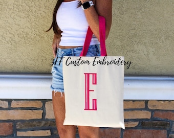 Personalized Embroidered Canvas Initial Tote Bag/Book Tote/Coworker Holiday Gift/Bridesmaid Gift/Gifts under 15/Corporate Gift/Beach Bag