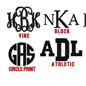 Op de afbeelding: Een grafiek met verschillende monogram-stijlen, waaronder cirkel, wijnstok, blok, visstaart, schrift, cirkelprint, atletisch en curlz.