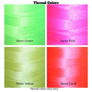 May include: Four spools of neon colored thread. The colors are neon green, neon pink, neon yellow, and neon coral.