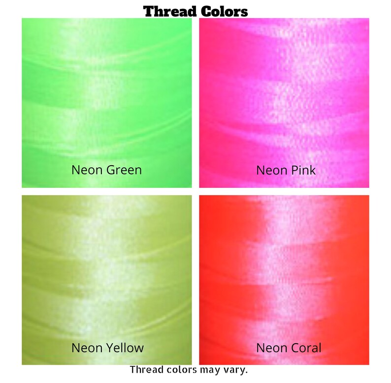 May include: Four spools of neon colored thread. The colors are neon green, neon pink, neon yellow, and neon coral.