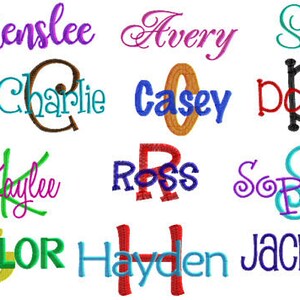 May include: A collection of 12 embroidered names in various colors, including Henslee, Avery, Sarah, Charlie, Casey, Dottie, Kaylee, Ross, Sophie, Taylor, Hayden, and Jackson.