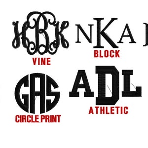 May include: A graphic showing 10 different monogram styles, including circle, vine, block, fishtail, script, circle print, athletic, and curlz. Each style is shown with a sample monogram.