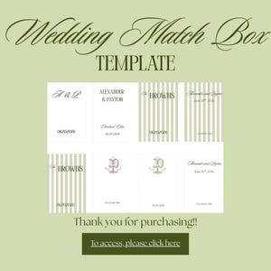 Może przedstawiać: Szablon pudełka na zapałki weselne, zawierający różne projekty z imionami, datami i inicjałami. Projekt zawiera pionowe paski i eleganckie czcionki. Tło jest w kolorze miękkiej zieleni.