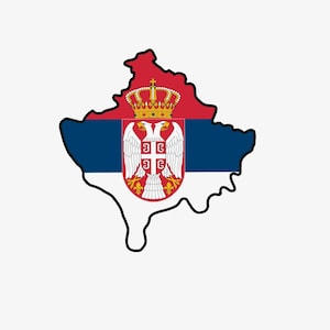 Może przedstawiać: Stylizowany kontur mapy w barwach serbskiej flagi: czerwony, niebieski i biały. Serbski herb, z dwugłowym orłem i koroną, jest umieszczony wewnątrz konturu mapy.