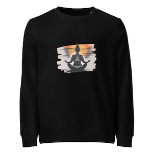 Organic cotton and recycled polyester crewneck sweatshirt with yoga at sunset design.