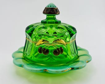 Vintage Emerald Green Glass Candy Dish with Gold Accents | Retro Vanity Decor