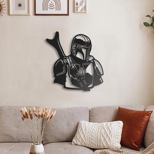 Mandalorian Metal Wall Art Sign, Matte Black Mandalorian Silhouette Wall Decor for Game Room Office or Bedroom, Sci Fi Fan Gift Idea