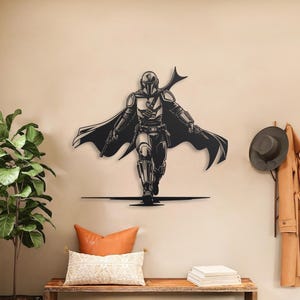 Mandalorian Metal Wall Art Sign, Matte Black Mandalorian Silhouette Wall Decor for Game Room Office or Bedroom, Sci Fi Fan Gift Idea