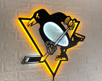 Pittsburgh Penguins LED Sign Wall Decor, NHL Hockey Team Lighted Logo Art, Man Cave Neon Style Gift for Hockey Fans Home Bar Decor