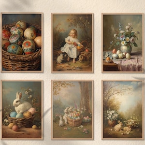 Może przedstawiać: Kolekcja dziewięciu oprawionych wydruków artystycznych w stylu vintage z motywem Wielkanocy. Wydruki przedstawiają króliki, zdobione jajka i kompozycje kwiatowe w miękkiej, pastelowej palecie barw. Grafika nawiązuje do klasycznej, wiosennej estetyki.