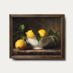 ヴィンテージレモンの静物画：素朴な陶器のボウルとフルーツの絵画（デジタルダウンロード）