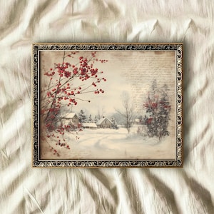 Vintage Winter Village Print: Snowy Countryside Scene with Red Berries (Digital Download)