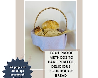 Op de afbeelding: Een afbeelding die een zuurdesembroodgids promoot. De tekst "SOURDOUGH BREAD GUIDE" staat bovenaan. Een mand met brood staat in een lichtpaarse doek. De tekst "FOOL PROOF METHODS TO BAKE PERFECT, DELICIOUS, SOURDOUGH BREAD" staat eronder. Een donkerblauwe ster zegt "24 pagina's over alles over zuurdesembrood!"