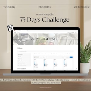 Può includere: Un laptop mostra un modello Notion per la "75 Days Challenge". Lo schermo mostra un layout strutturato per monitorare abitudini, progressi e motivazione. Il testo "motivante", "produttivo" e "personalizzabile" è incluso.