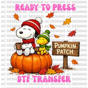 May include: A cartoon illustration featuring a white dog and a yellow bird sitting on a large orange pumpkin. Both characters wear winter hats and scarves while holding brown mugs. A wooden sign reads PUMPKIN PATCH, surrounded by autumn leaves.