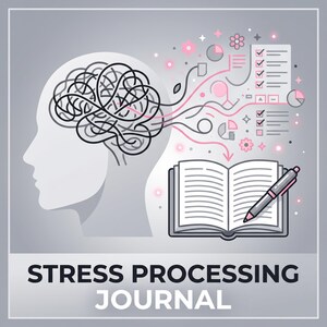 May include: A Stress Processing Journal with a graphic illustration of a human head profile containing a tangled brain. Lines connect the brain to a checklist, charts, and an open book with a pen. The text STRESS PROCESSING JOURNAL is at the bottom.