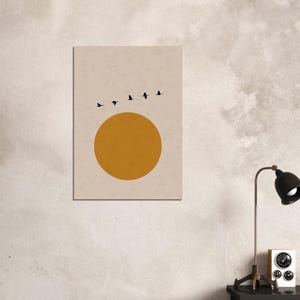 Minimalist Birds in Flight Poster – Abstract Sun Wall Art, Modern Boho Print