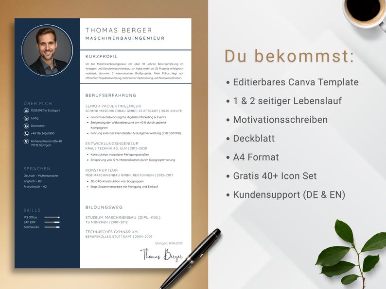 Resume Template Canva German Editable CV Design Cover Letter Modern ...