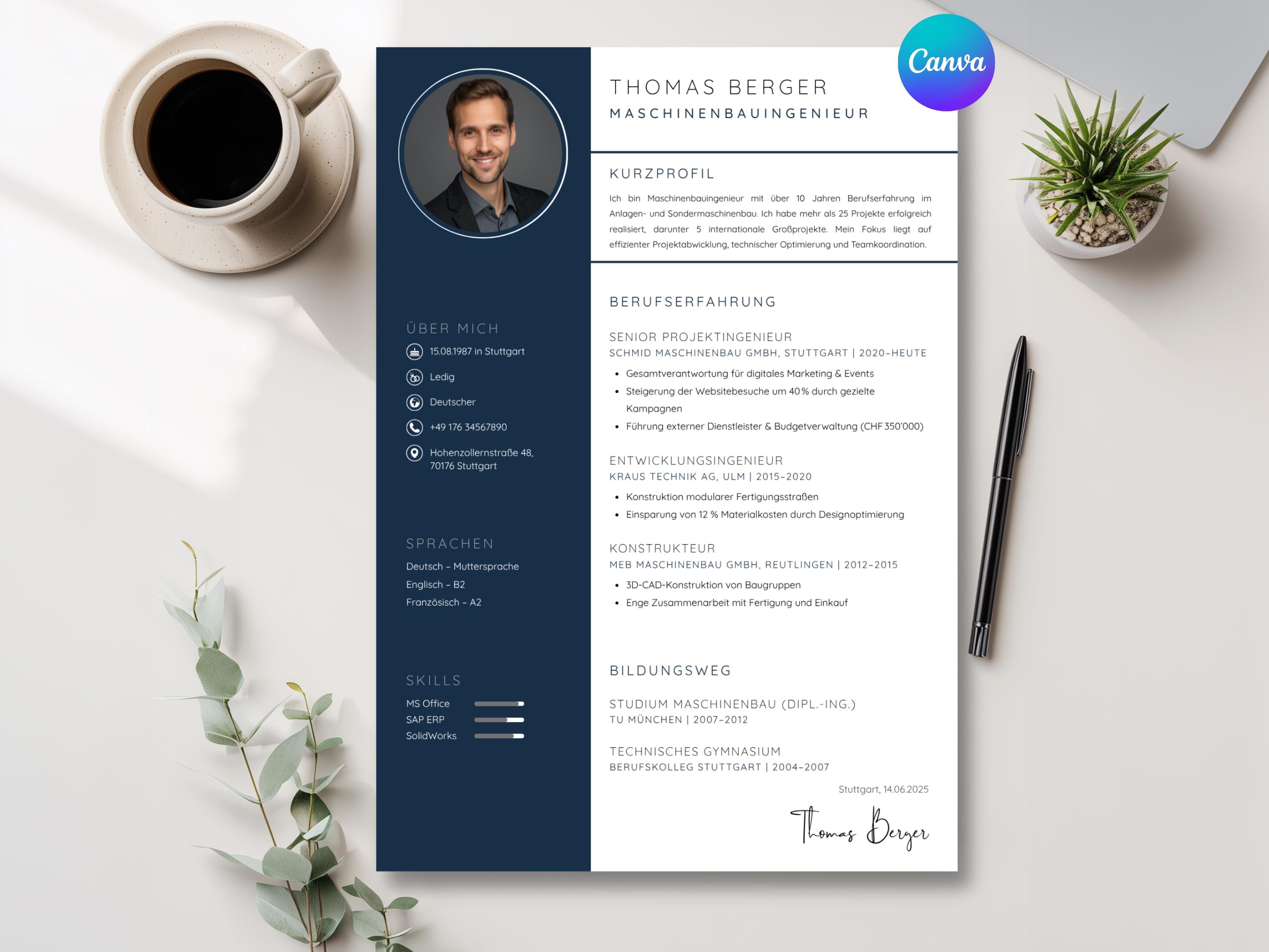Resume Template Canva German Editable CV Design Cover Letter Modern ...