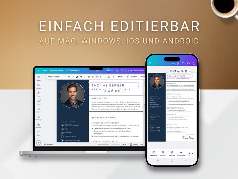 Resume Template Canva German Editable CV Design Cover Letter Modern ...
