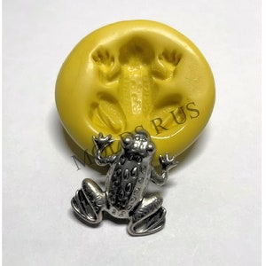 May include: A silicone mold for making a frog-shaped cake decoration. The mold is yellow and has a detailed impression of a frog. A silver frog-shaped cake decoration is shown next to the mold.