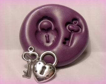 heart lock and key flexible silicone push mold / craft/ dessert/ mini food / soap mold/ resin/jewelry and more....